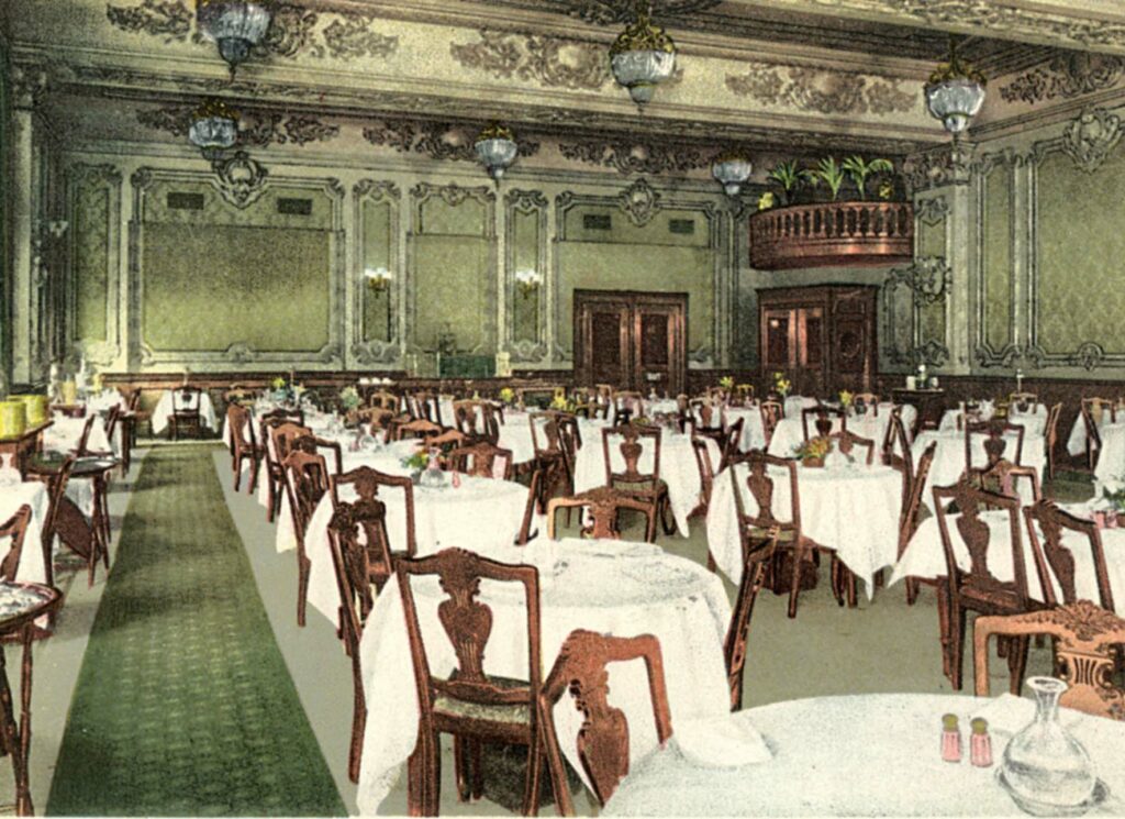 photo of interior dining room in 1910, colourized
