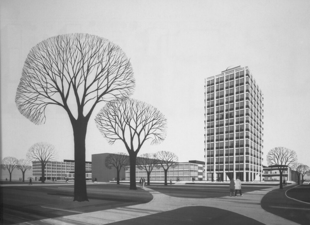 black and white illustration of a modern style building in a park