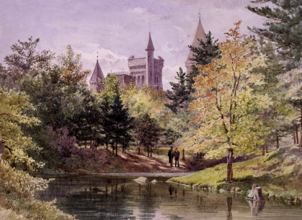 vintage painting/ illustration of river, trees, and castle like building in background