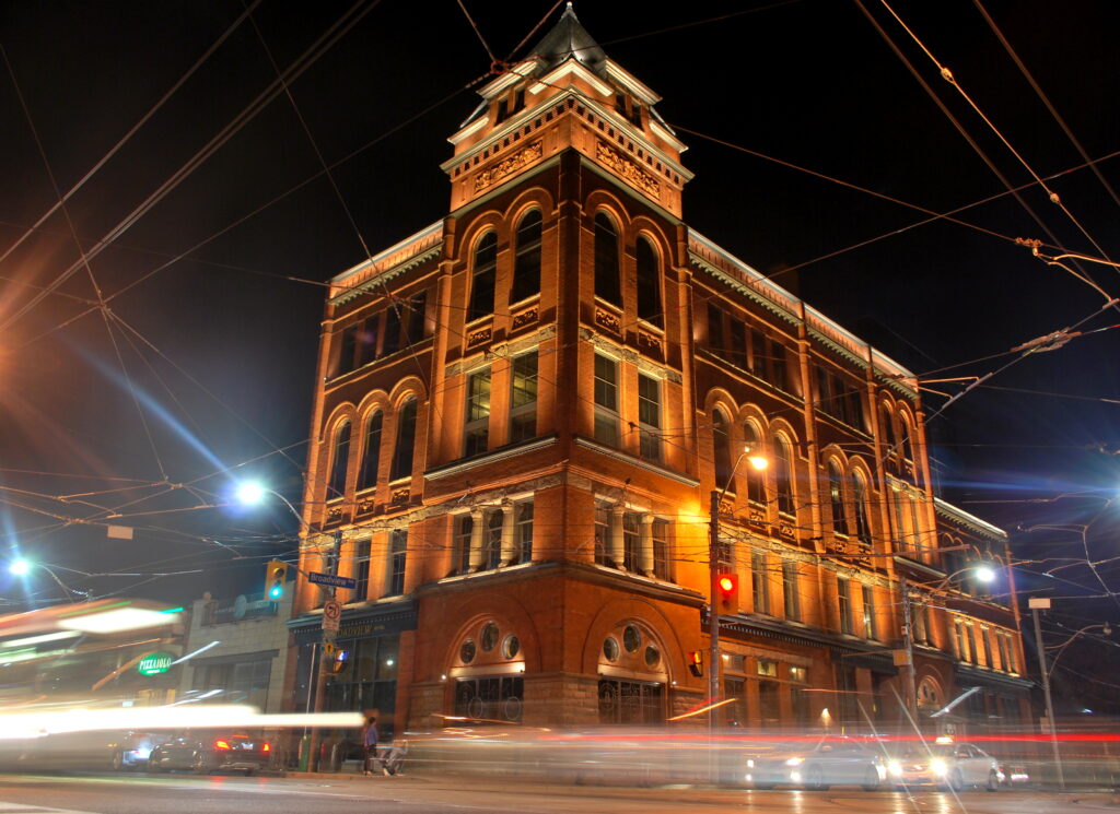 view of Broadview Hotel from across the street at night