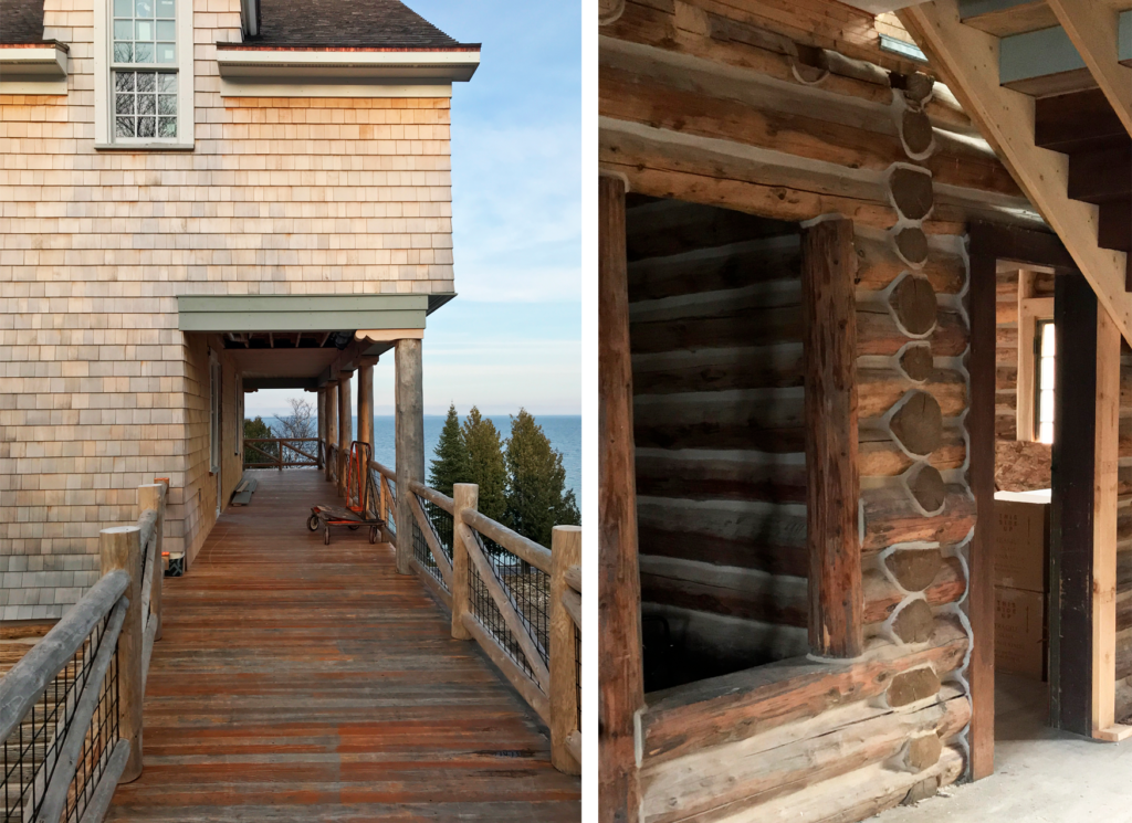 two photos showing the wooden exterior deck as it passes under the 3rd story of the building, and a photo of the log cabin style wooden wall structure