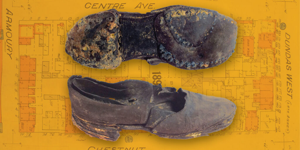 an image of leather shoes recovered from the Armoury Street excavation is superimposed on top of a Goad's Insurance Map, detailing the site area and context of Centre Avenue and Armoury Street in historic St John's Ward.