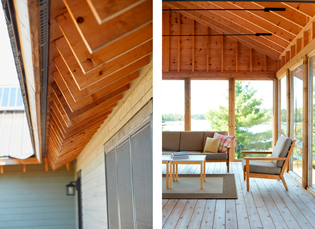 two photos showing an up close view of the wooden roof structure, and the interior of the living room