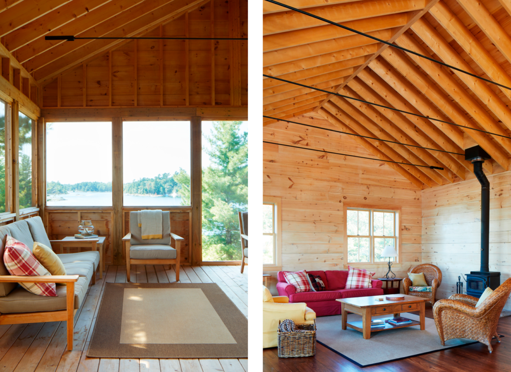two photos showing the interior of the living room from two angles, showcasing the high wooden ceiling