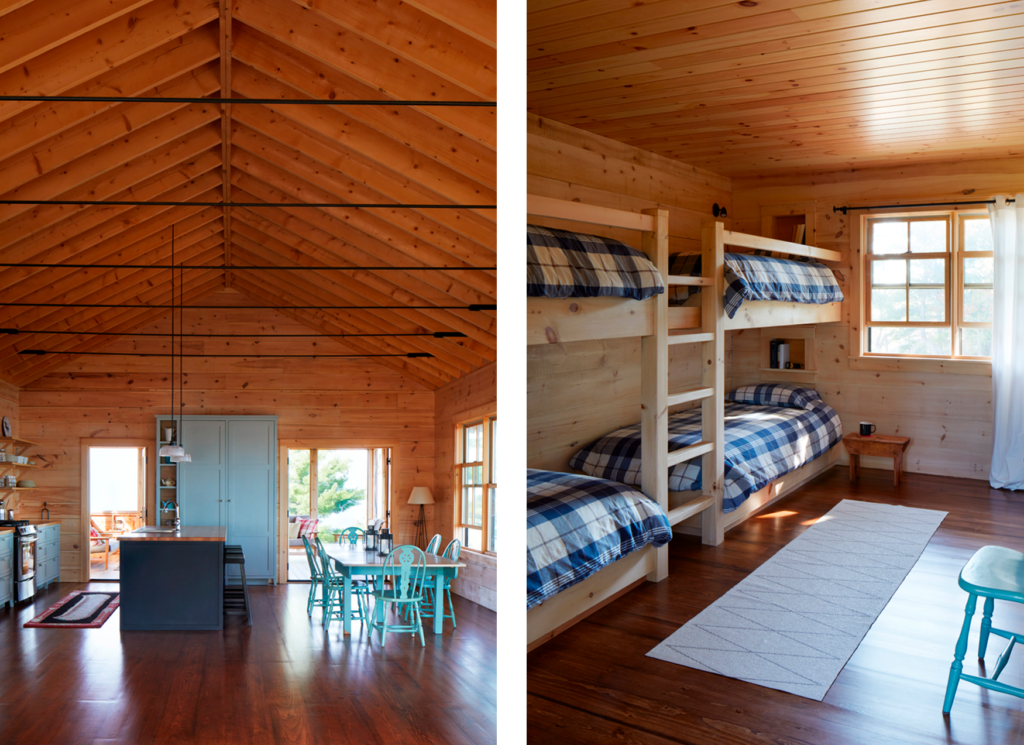 two photos showing another view of the living space's high ceilings, and a photo of bunk beds