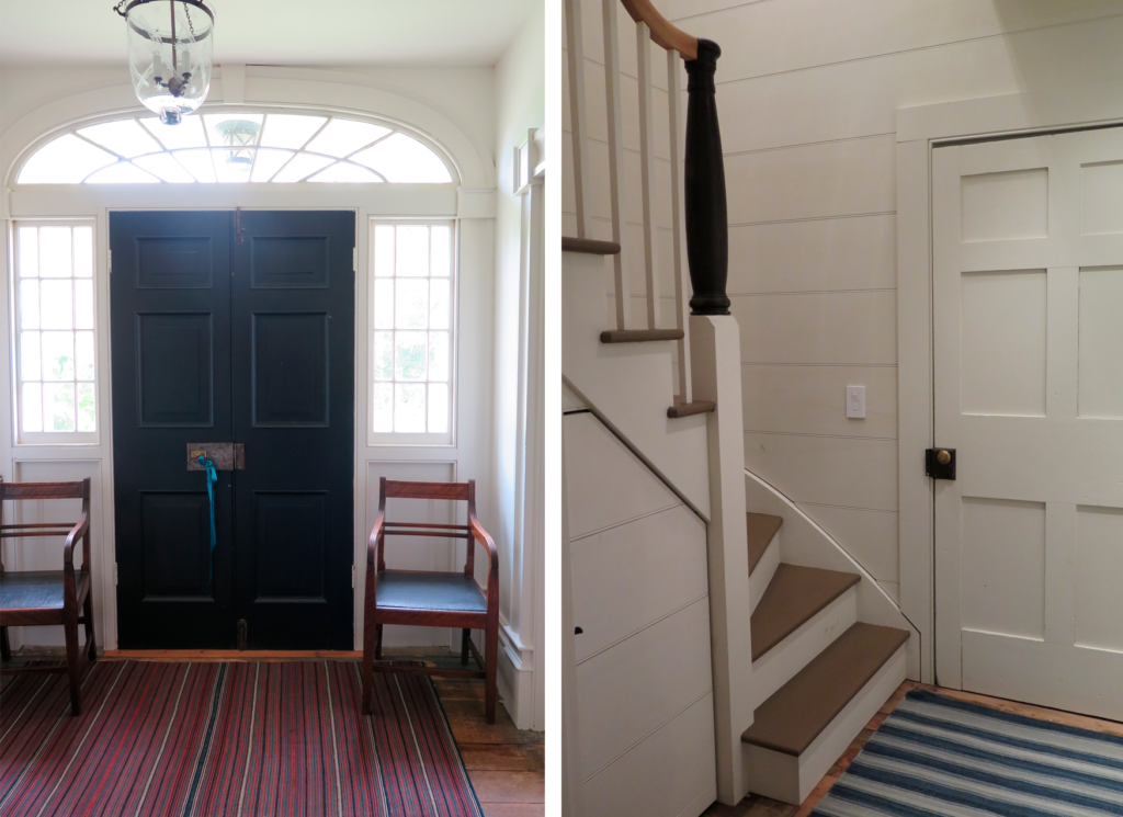 two photos showing the interior of the front door with surrounding glass panes, and a wooden spiral stairwell