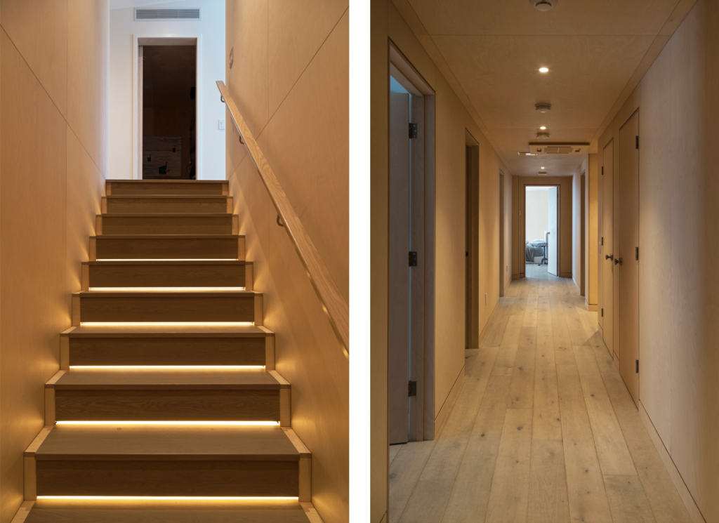 two vertical photos showcasing the interior hallway and staircase