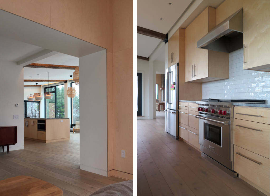 two vertical photos showcasing the interior of the house's kitchen