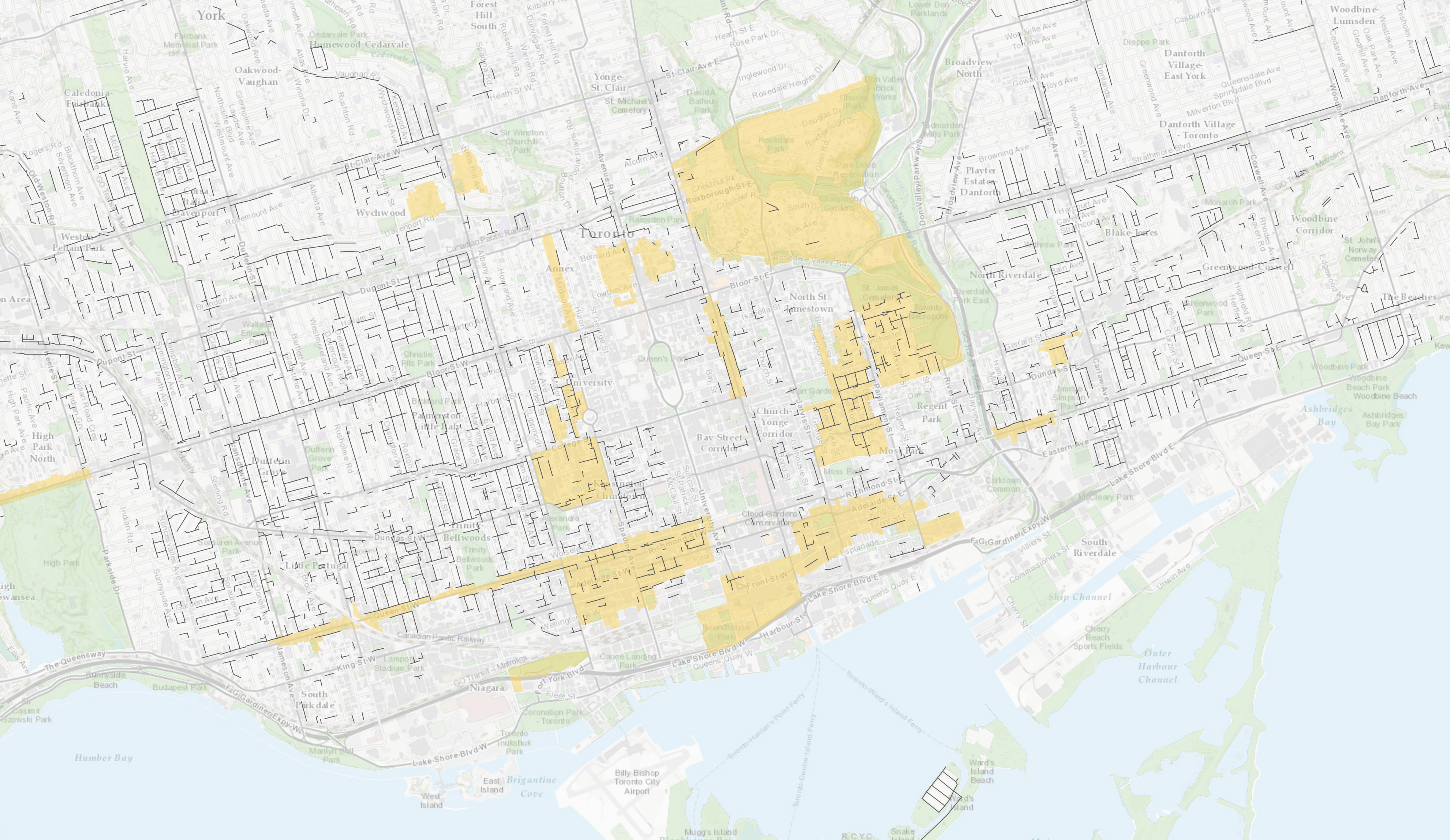 A map of Toronto's laneways overlapped by the Heritage Conservation Districts.