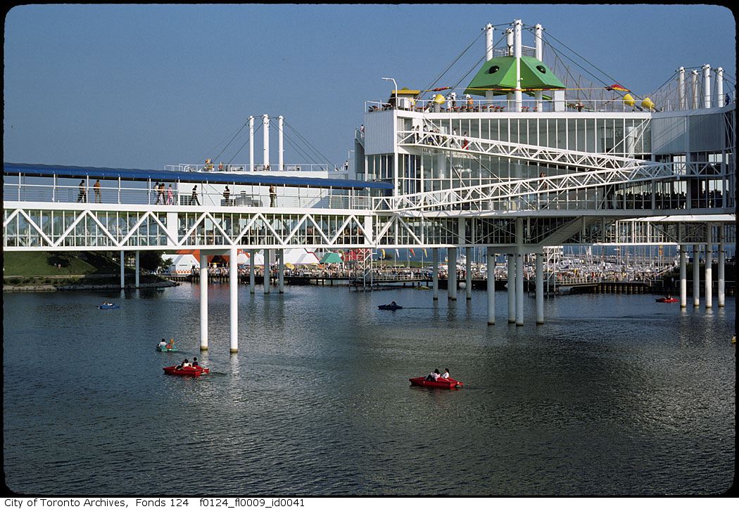 A view of Ontario Place over the water.