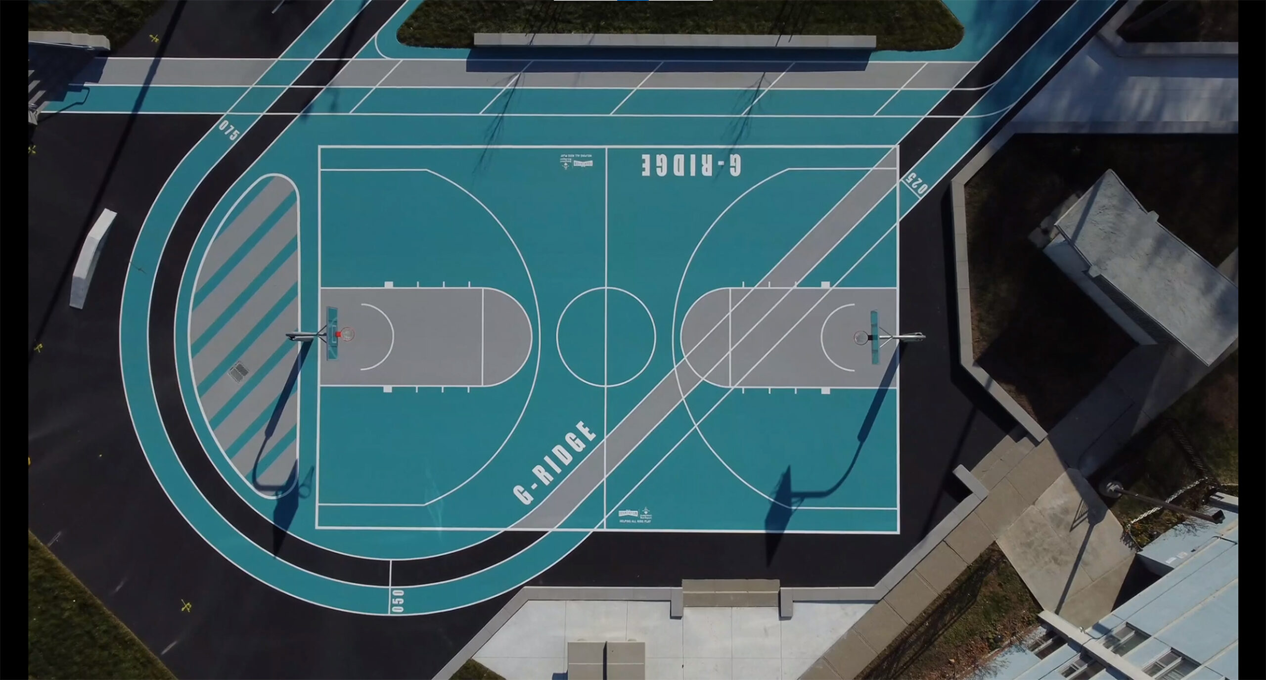 Bird's eye drone view of the gordonridge basketball court
