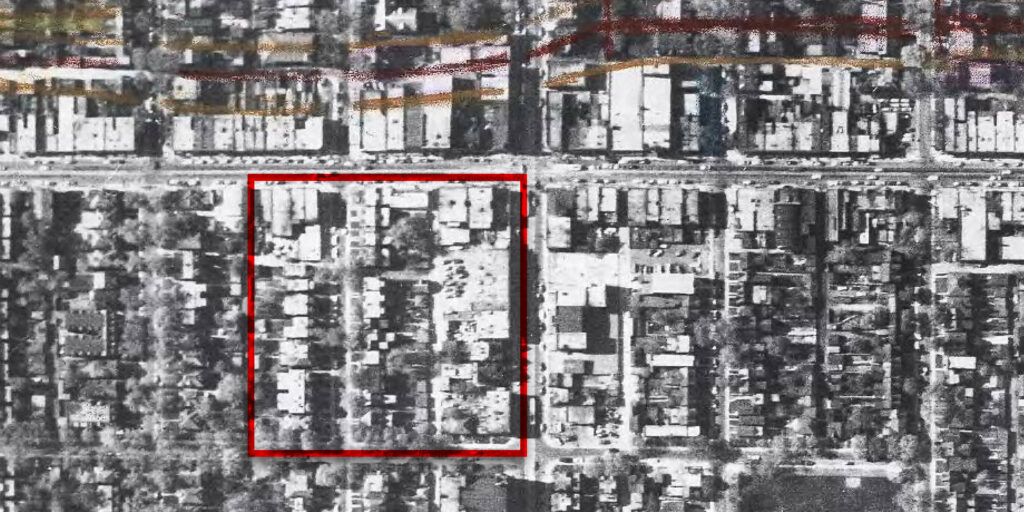 1953 aerial photograph from the City of Toronto Archives, annotated by ERA.