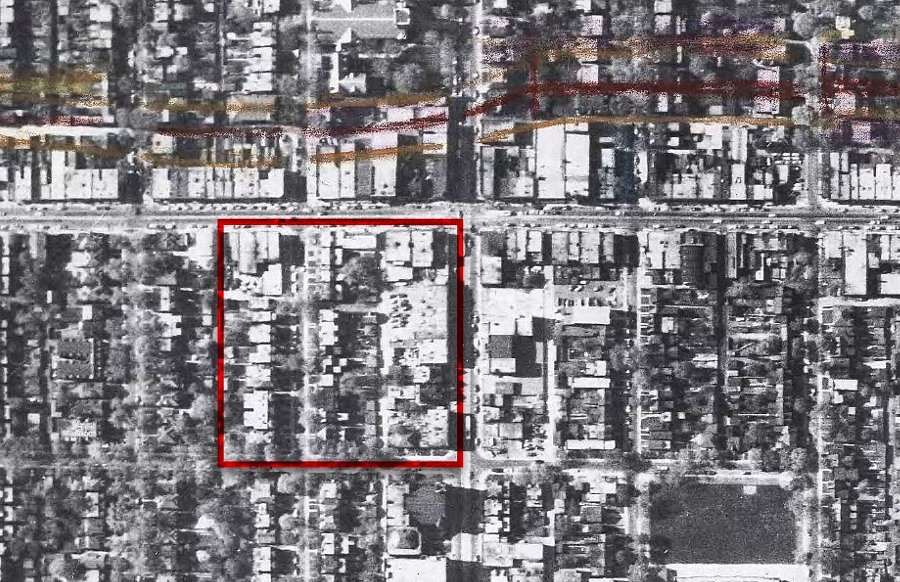 1953 aerial photograph from the City of Toronto Archives, annotated by ERA.