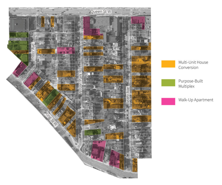 map of Parkdale neighbourhood in Toronto, showing multiple sites of existing "missing middle" typologies