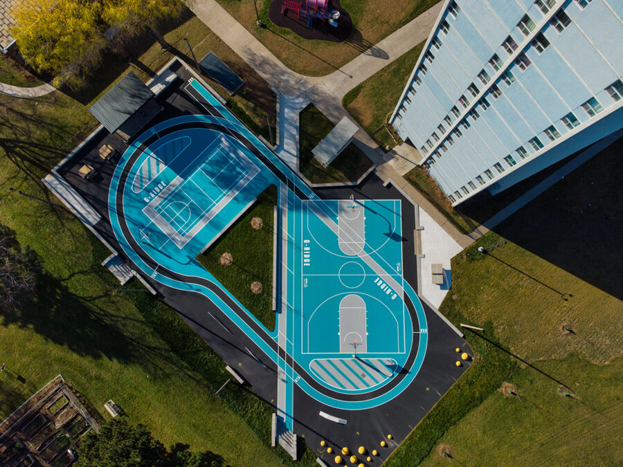 Outdoor sport court aerial view from above.