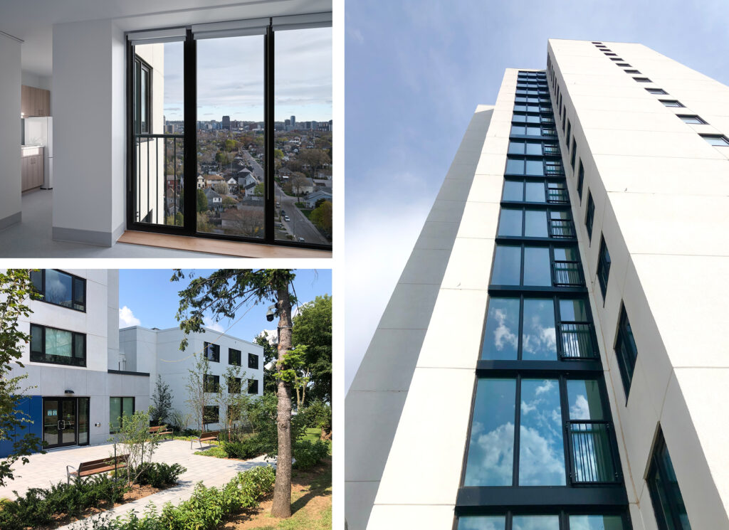collage of interior apartments showing triple-glazed windows, outdoor amenities, and the tower itself reaching into the sky.