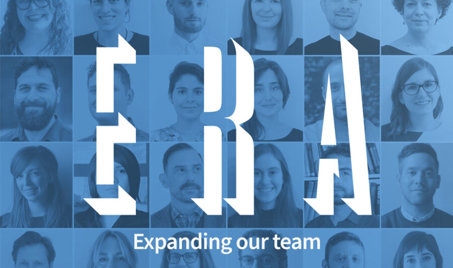 A blue background collaged by a grid of employee faces, and white text overlaid saying "ERA: Expanding our team"
