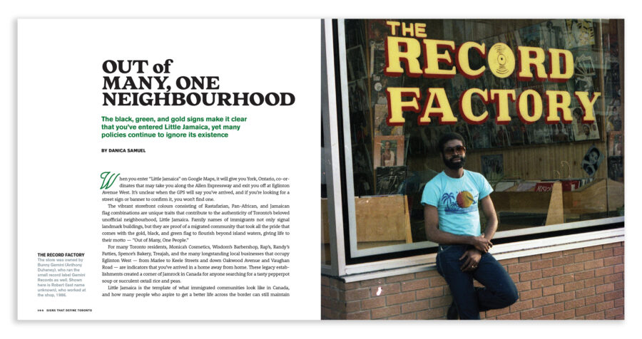 Two-page spread from the book: Headline says, "Out of Many, One Neighbourhood." The opposite is a full-page photo of the Record Factory store in 1986.