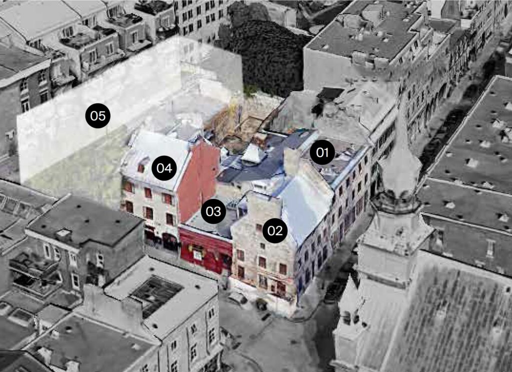 birds-eye view of building site, with numbers indicating specific buildings