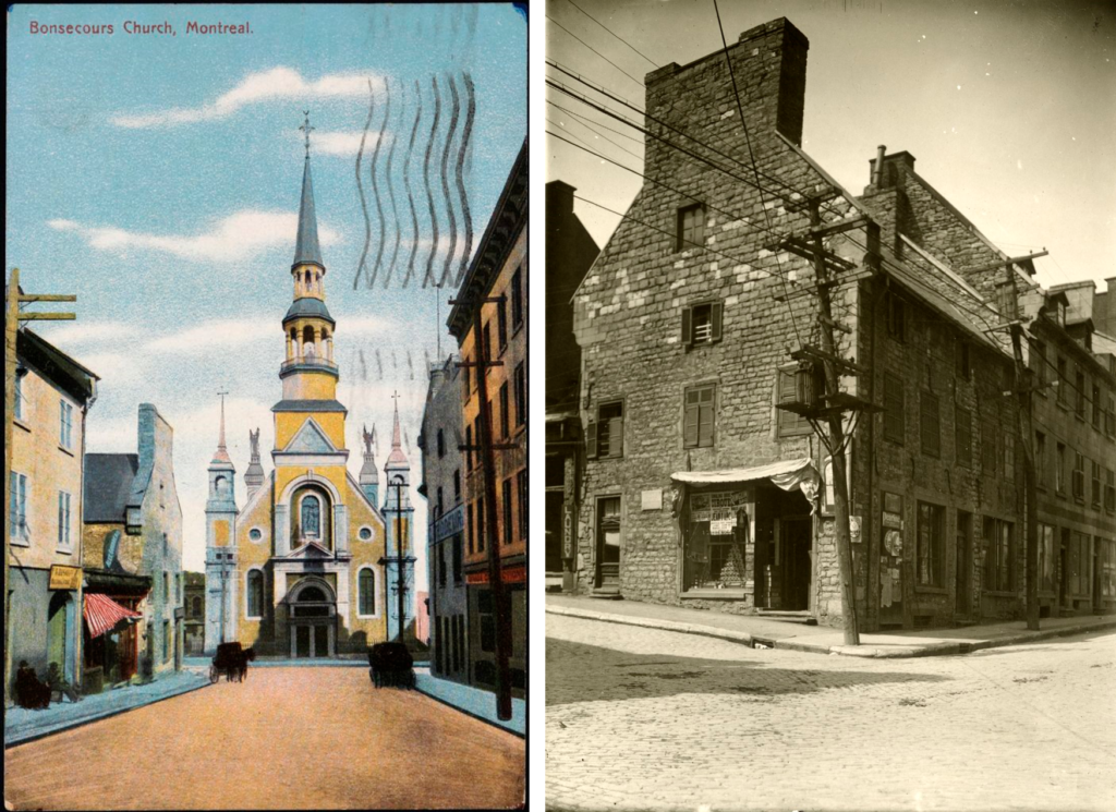 Collage of and archival photo of a stone building and an illustration of the neighbouring chapel