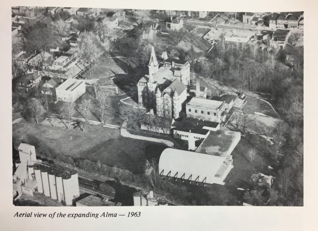 aerial photo taken from plane in 1963 of original Alma College