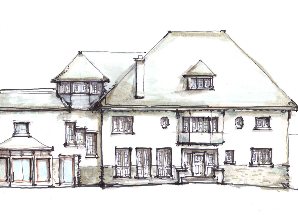 a hand drawn sketch of a large 3 story building with a variety of windows and sloped roofing.
