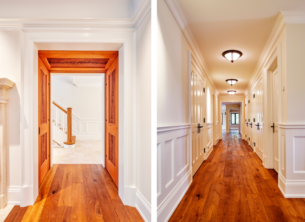 two images, one looking down a hallway which has wooden floors and white, paneled walls. The other photo is looking through a wide wooden paneled doorway to see the bottom of a staircase