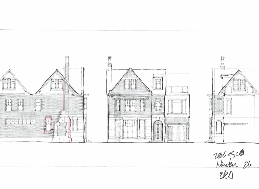 hand drawn sketch of the front and side elevations of a three story house