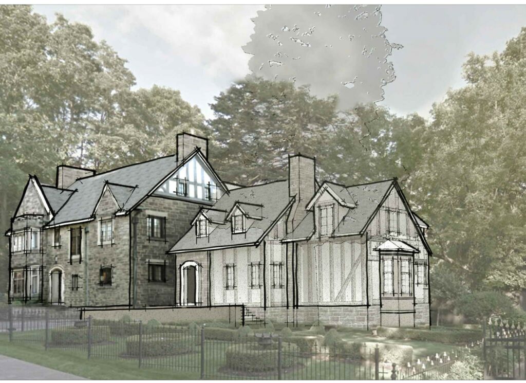 sketch of building overlayed over a photo, showing that the original sketch aligns with the built house