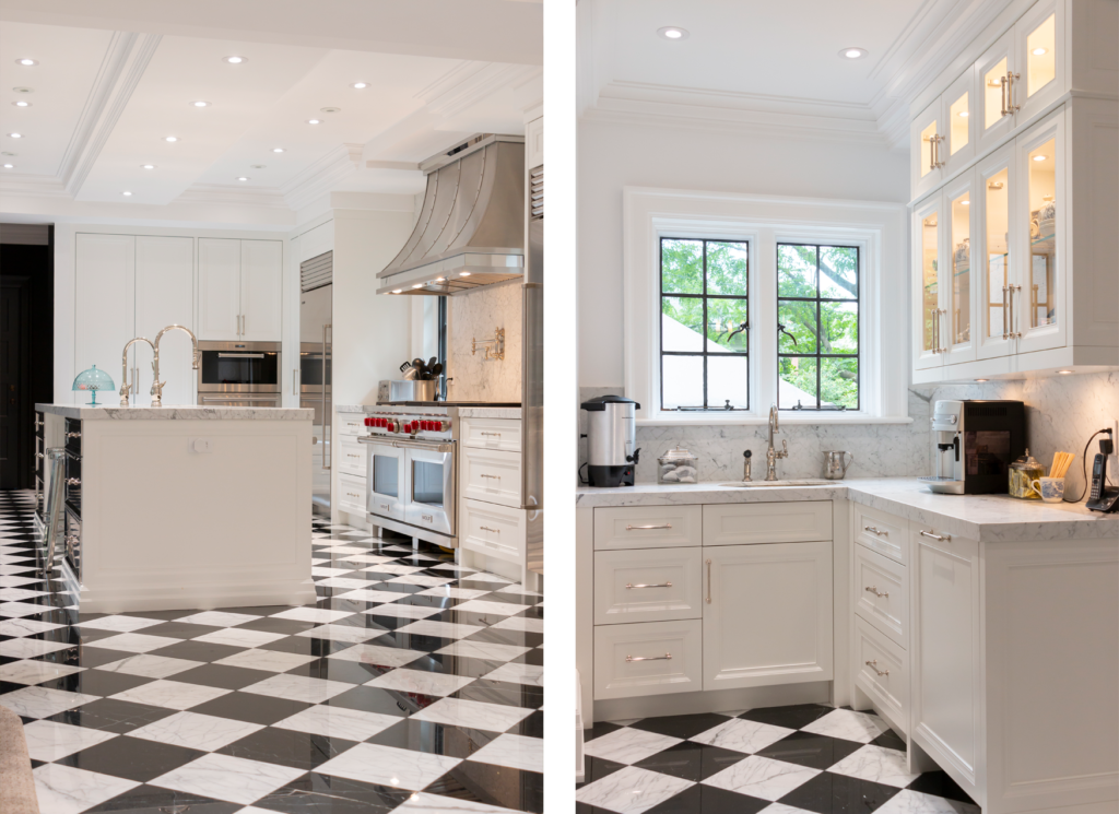two photos showing the interior of a kitchen with white cabinetry, black and white tiled flooring and marble countertops