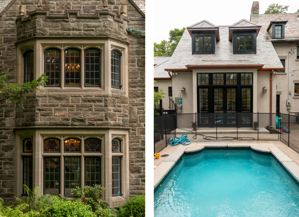 two photos showing the bay window feature of a house from the exterior side, and then a photo of a pool area