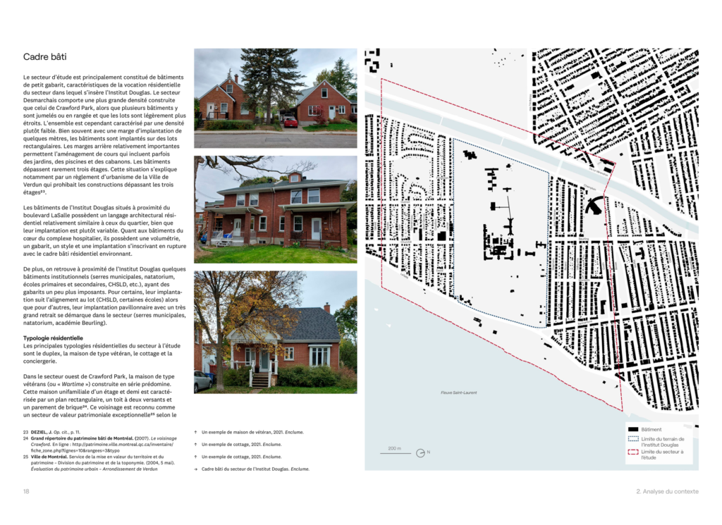 2 pages of a report, with some descriptive text of the neighbouring building types, photos of those types, and a site plan diagram